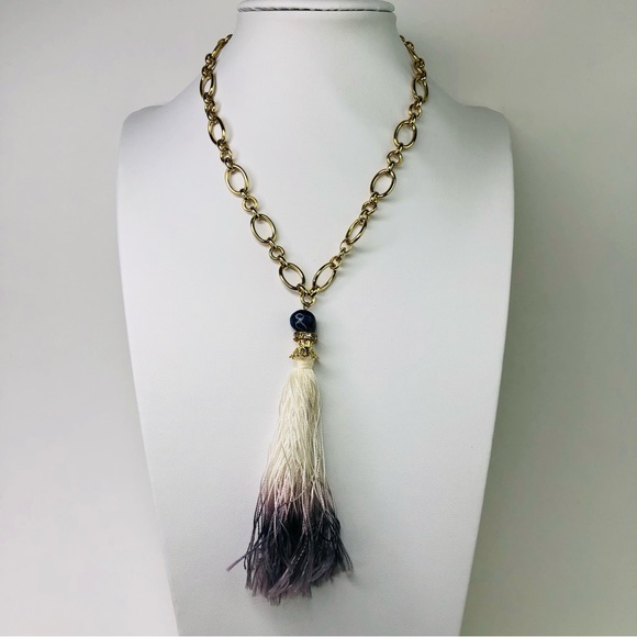 Tassel String Tie-dye Blue Stone Pendant Choker Necklace Gold Tone Color Chain - Picture 2 of 4